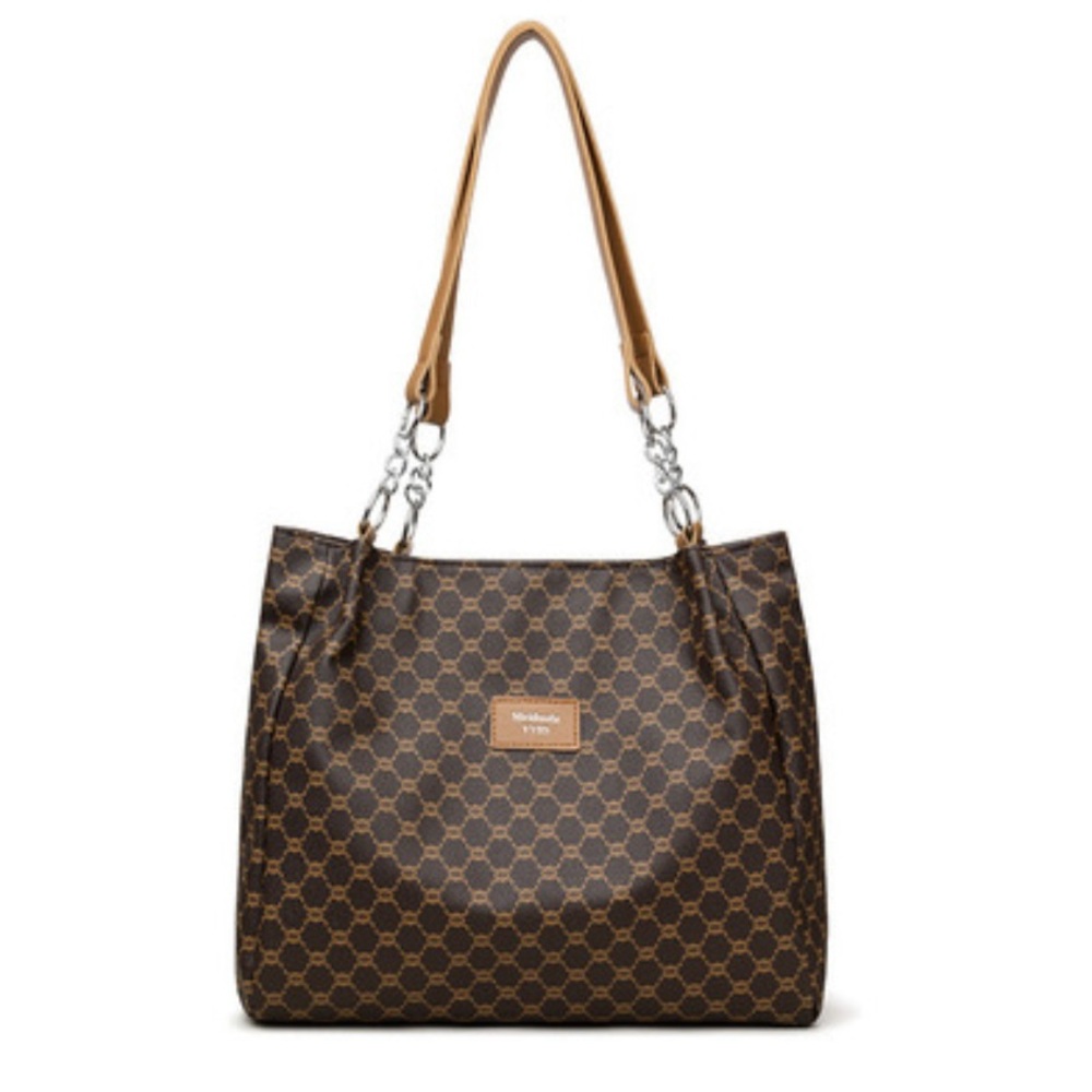 NWT Elegant Brown & Tan Checkered Women's Bag With Silver Tone Hardware 16x10 - Picture 2 of 5